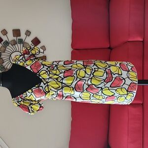 Vintage Patterned Dress with Elastic Short-Puff Sleeves